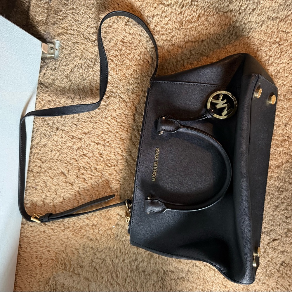 Michael Kors Black Saffiano Dome Satchel with Gold Logo Charm